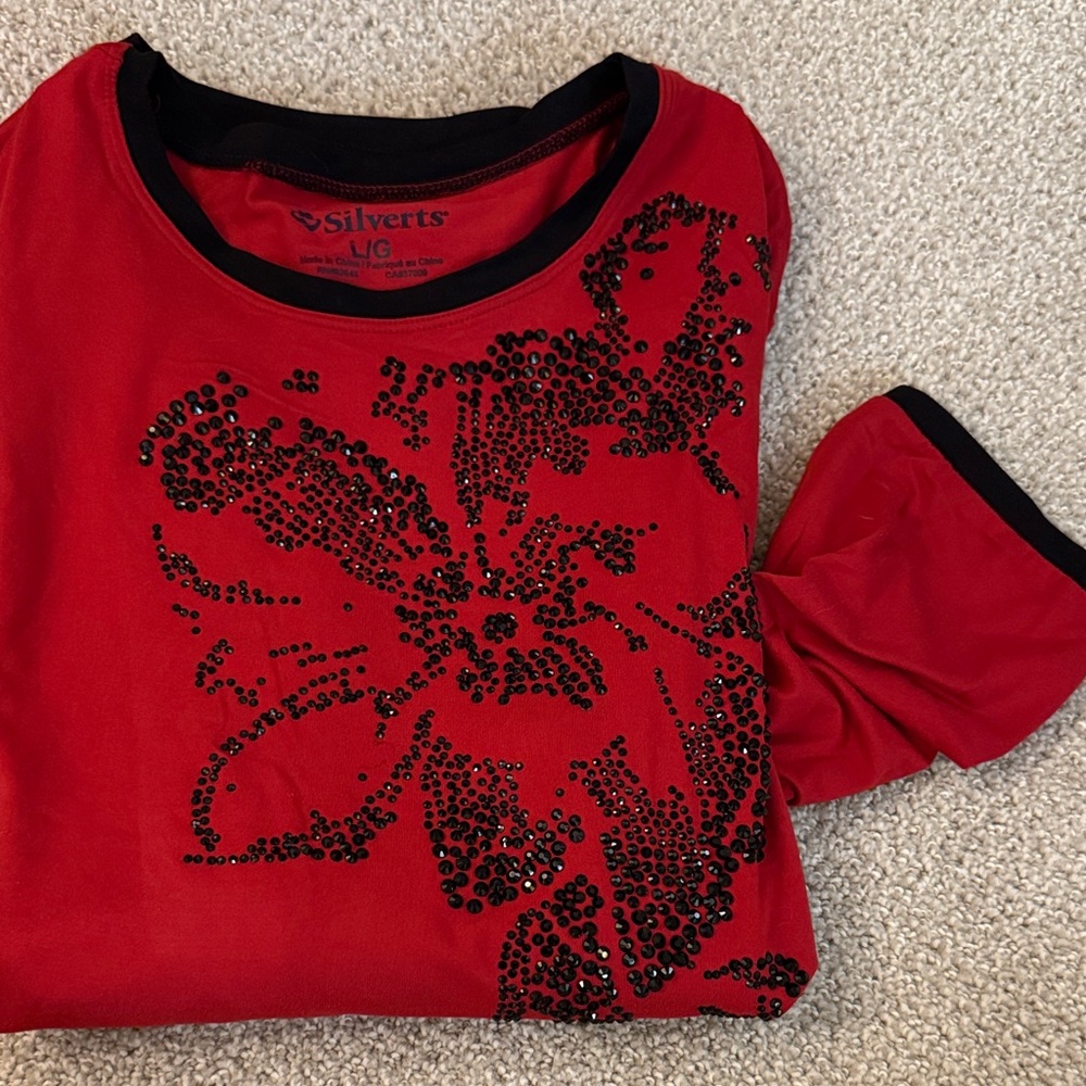 Silverts, Adaptive Clothing, Red with Black Shimmer Floral design Top SZ:L - Picture 6 of 7